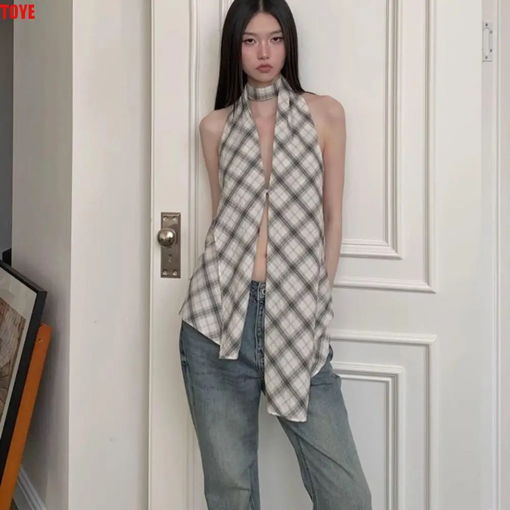 

Korean Style Grid Halter Sleeveless Camisole Split Sweet Slim Crop Tops Irregular Spicy Girl Suspender Vest Beach