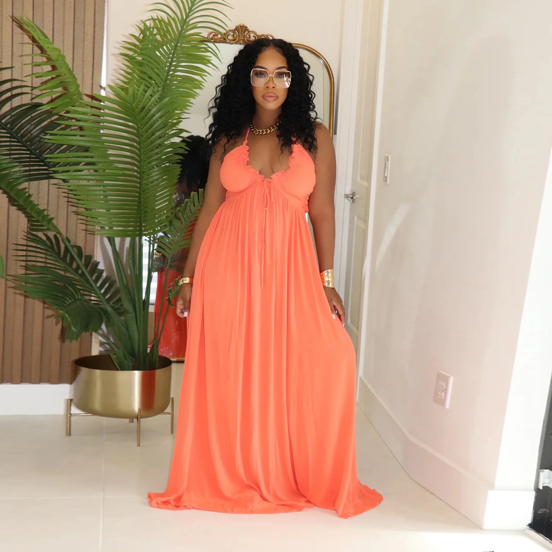 ชุดเดรสยาวแม็กซี่คอวีลึก แขนกุด ผูกโบว์ด้านหลัง สำหรับผู้หญิง ปี 2025 เหมาะสำหรับวันหยุดพักผ่อนชายหาด ปาร์ตี้สุดเซ็กซี่