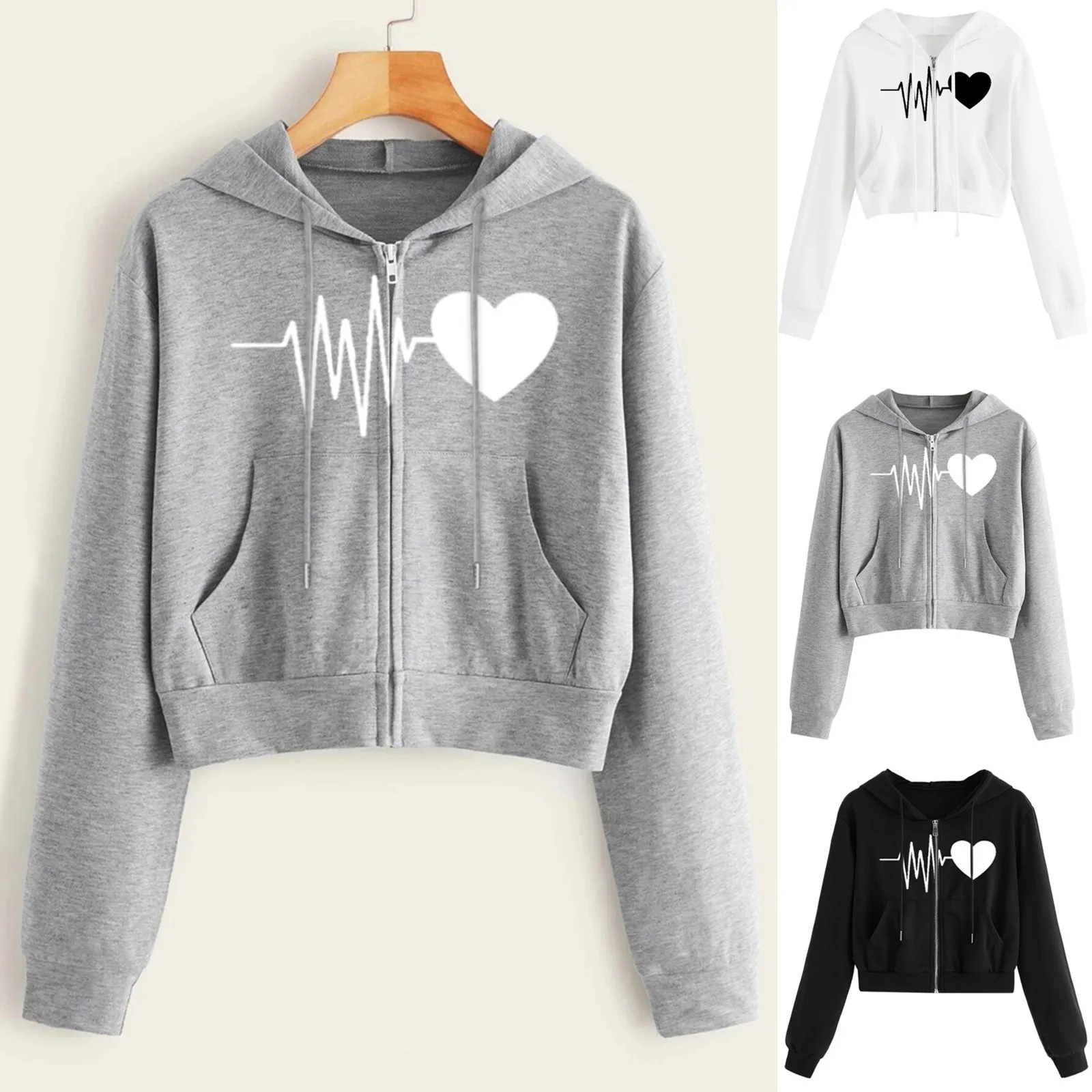 Women Sweatshirt Heart Shaped Pattern Printing Hoodie Solid Front Pocket Pullover Long Sleeve Leisure Top Micro-elastic Sweatshi