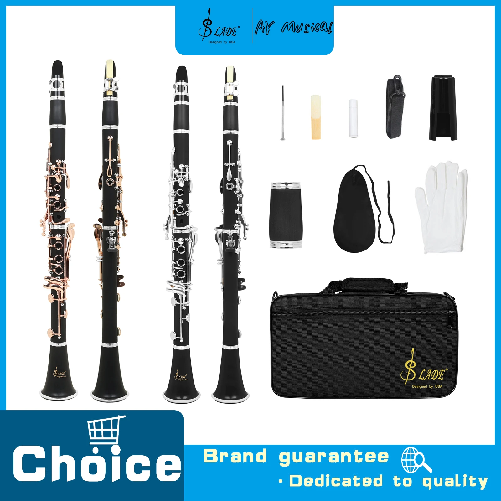 SLADE 17-Key Bb Clarinet ABS Resin Body with Rose Gold Plated Keys Full Accessory Kit with Reed for Beginner Training Practice