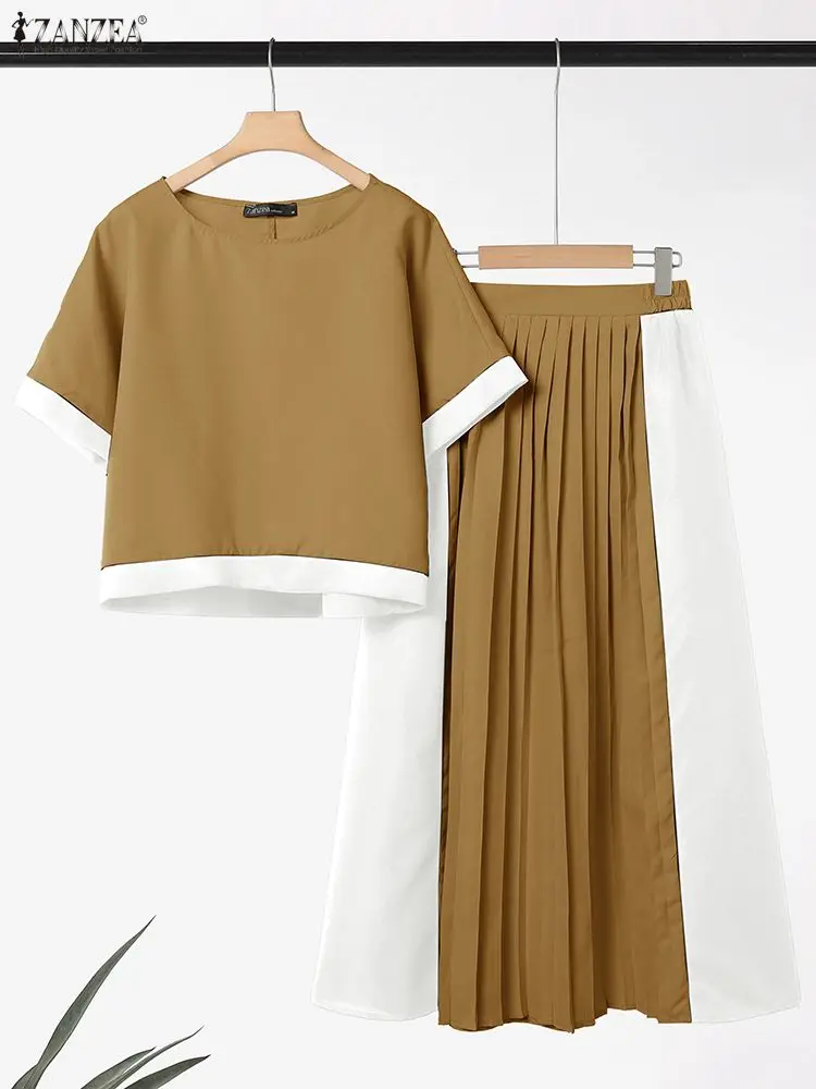 ZANZEA Women Fashion Summer Dress Sets Short Sleeve Tops Maxi Skirts 2PCS Casual Loose Pleated Color Patchwork 2 Piece Outfits