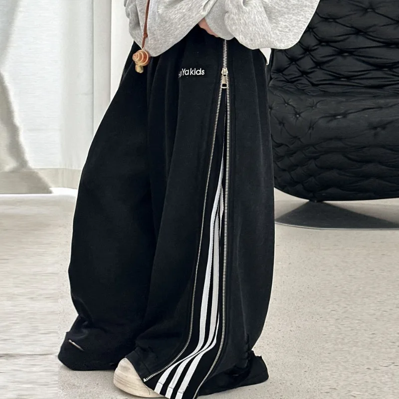 

Boys Loose Zipper Trousers 2025 Spring and Autumn New Children's Casual Wide-leg Sweatpants Children's Versatile Two-wear Pants