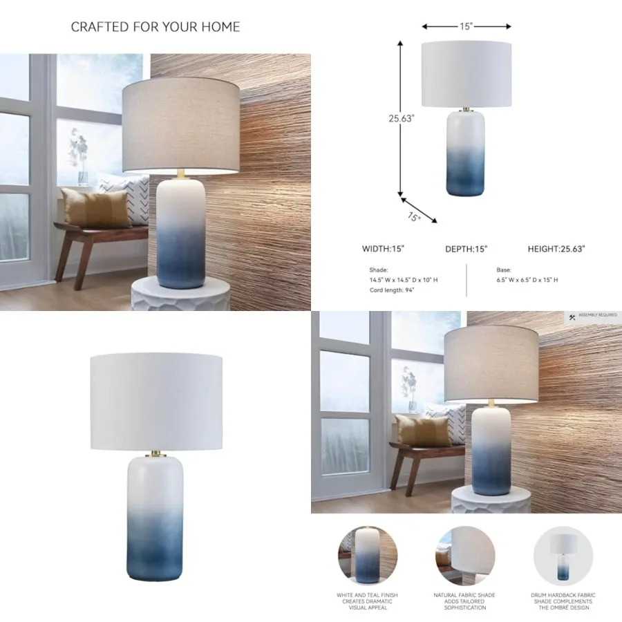 

Lemrich Coastal 25.25" Ceramic Table Lamp, 3-Way Switch, UL Listed, Fabric Drum Shade, Use 100 Watt Lightbulb Not Included,Whit