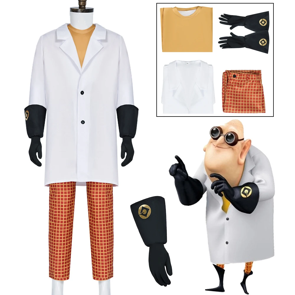

Anime Dr. Nefario Cosplay Costume Movie Dr Nefario White Long Coat Plaid Pants T-shirt and Gloves Set Halloween for Men Clothing