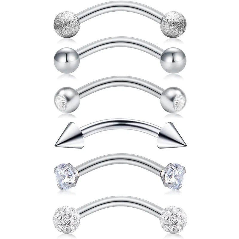 6Pcs Stainless Steel Rook Daith Earrings, Belly Lip Ring Eyebrow Studs Cartilage Tragus Cubic Zirconia Barbell Body Piercing