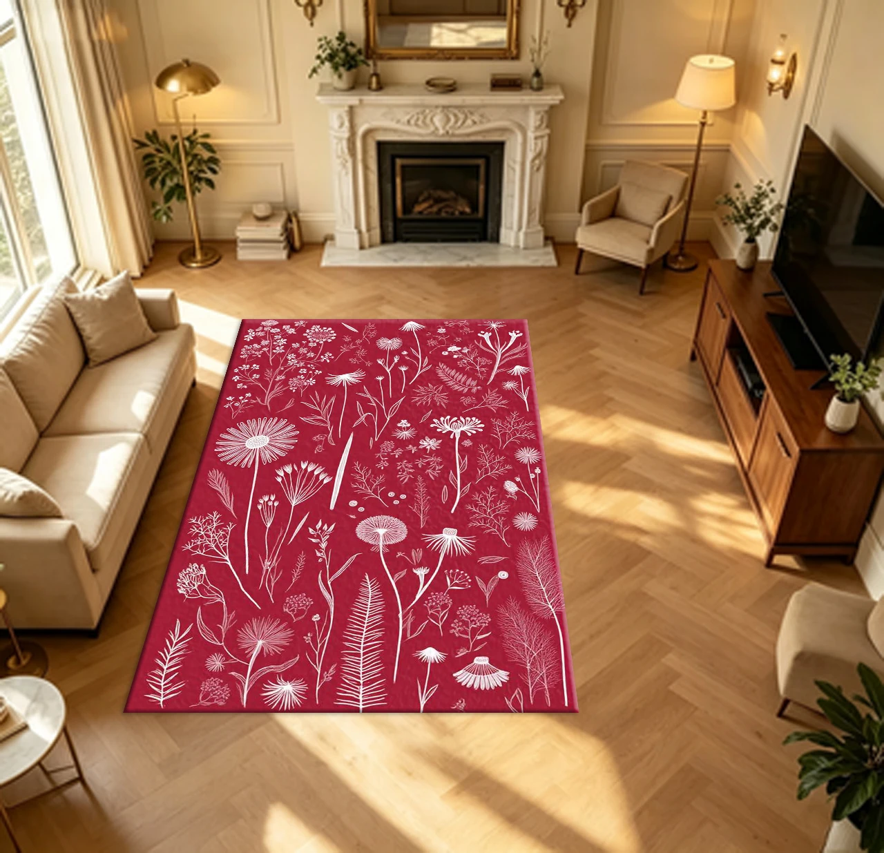 Red Background White Botanical Sketch Carpet Flooring Hand Drawn Wild Plant Pattern Household Indoor Decor Area Rug