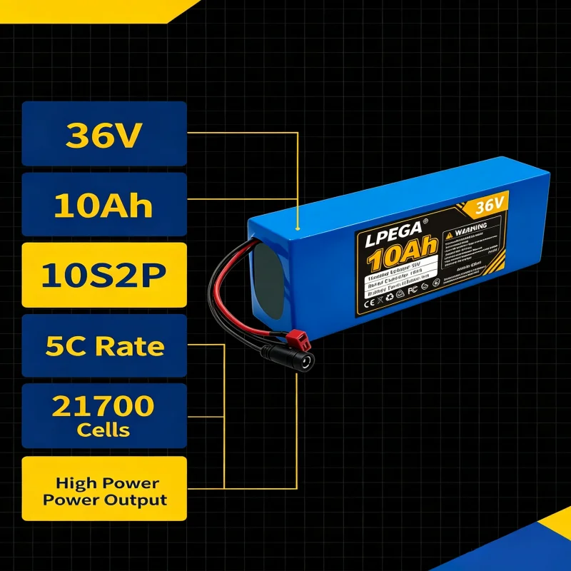 10S2P 21700 5C power lithium battery pack 36V 100% 10.0Ah rechargeable 500W for electric scooters, bicycles, motorcycles