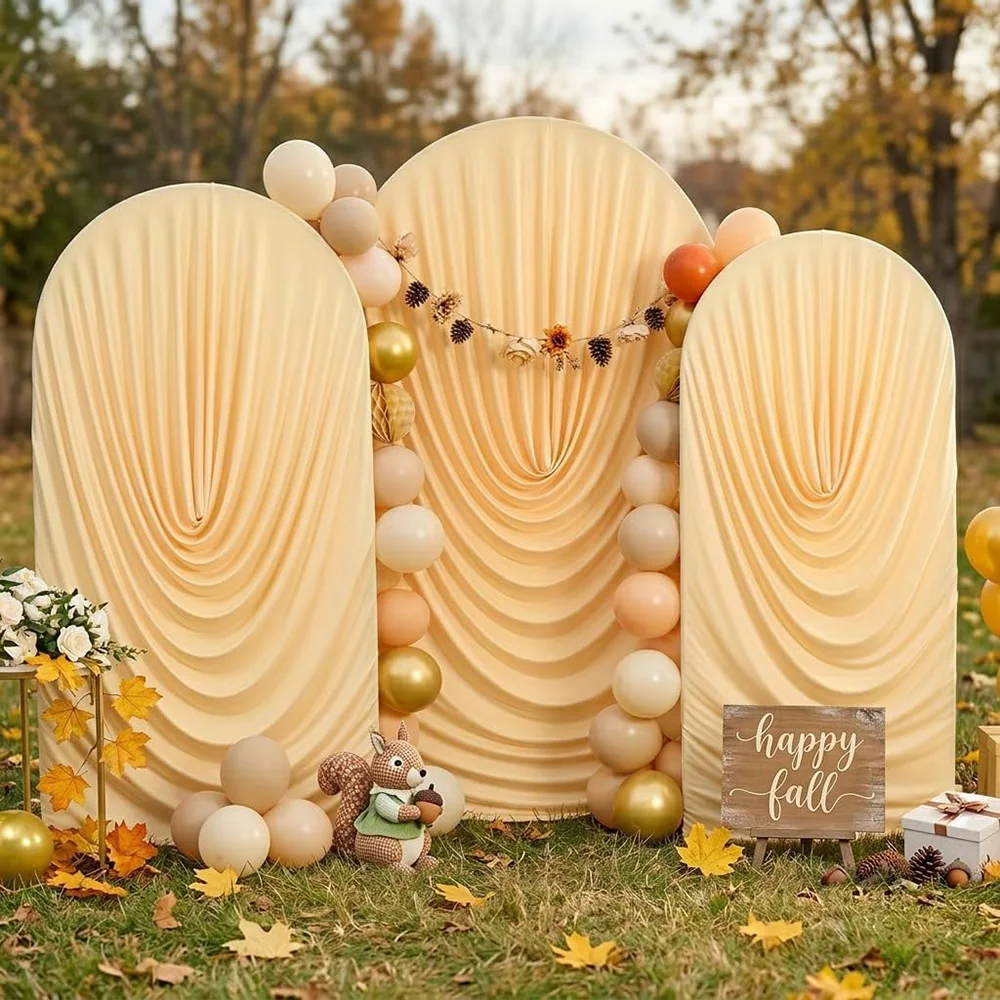 Weiße, drapierte Bogenabdeckungen, dehnbarer, passgenauer runder Bogenständer Chiara für Hochzeits-Hintergrunddekoration, Geburtstags-, Braut- und Babyparty-Deko – Detail 10