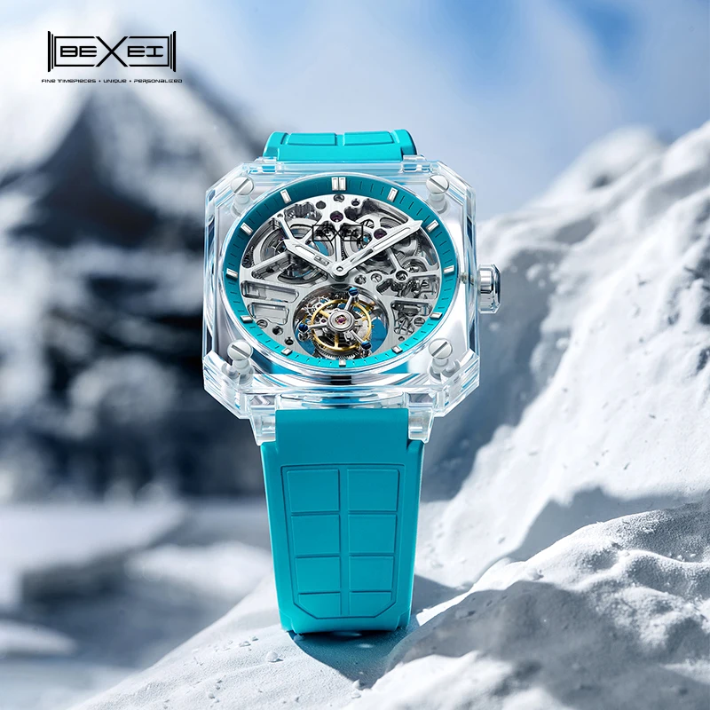 BEXEI 9112  K9  Crystal skeleton synthetic sapphire manual mechanical movement  tourbillon watchs Luxury  waterproof Reserve 80H