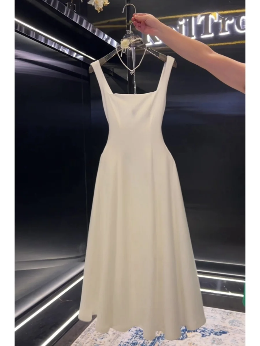 Rétro Ele Square Ne Strap Dr Jupe trapèze pour femme Minceur Taille Design Été Nouveau Sle Trajet Version coréenne Longue...