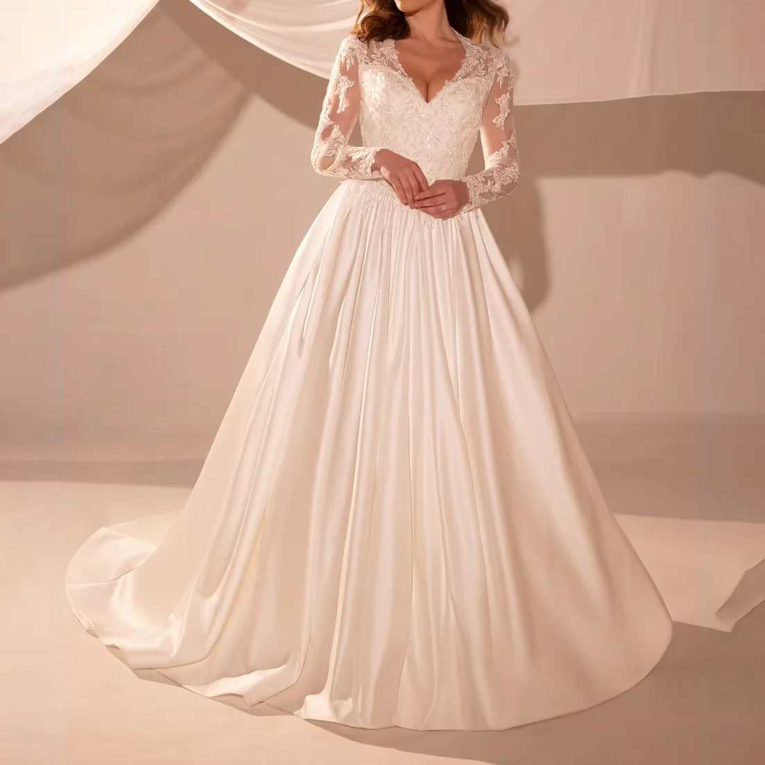 

Top Satin Wedding Dress Elegant V-Neck Long Sleeves Buttons Back Long Bridal Gowns