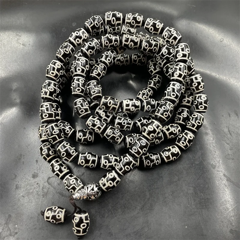 Jade Craftsman 10*14Mm Black And White 9-Hole Sweater Chain 108 Old Agate Buddhist Prayer Beads Necklace