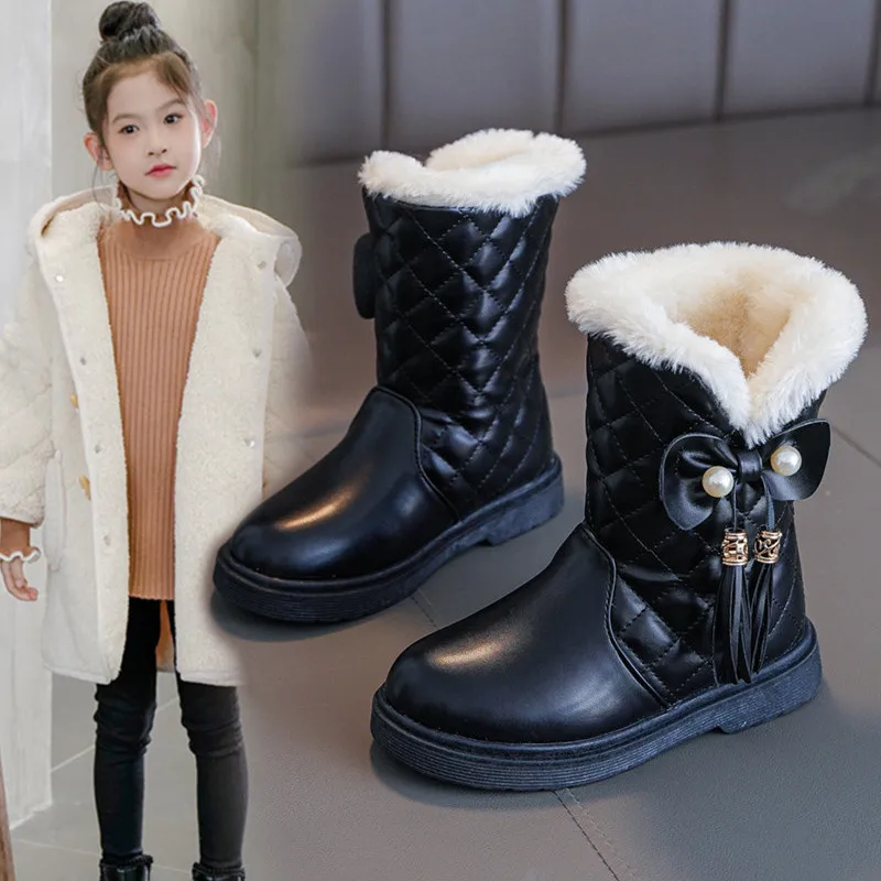 

Fashion Bow Warm Plush Girl Boots for Children's Snow Boots Child Girl Winter Leather Shoes Big Kid Winter Boots Non-slip 27 36