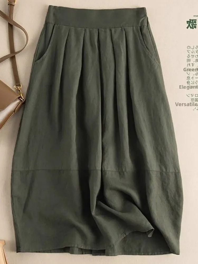 

Повседневная хлопково-льняная утягивающая юбка трапециевидной формы с высокой талией, средней длины, однотонная, универсальная, высококачественная, женская...