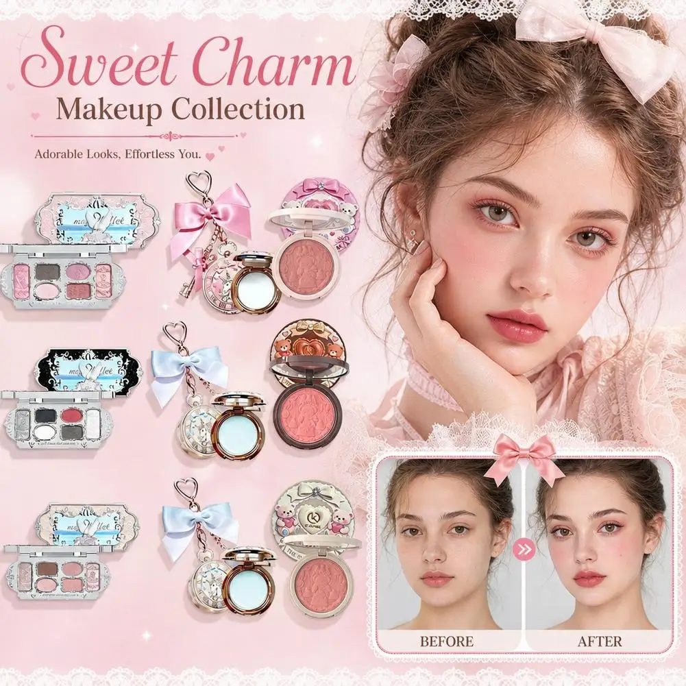 Exquisite 3D Embossed Design 3 in1 Heart Keychain Lip Balm Fine Shimmer Eyeshadow Palette Embossed Powder Blush