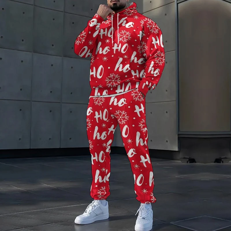 Fashion Elk Snowflake Long Sleeve Hoodie & Pants Suits For Male Tracksuit Casual Drawstring Sweatshirt Two Piece Set Men Outfits