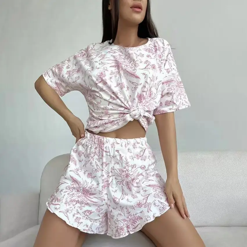 

Floral Print ort Sve Top And orts Set Home Clothes Women's Casual Sle round Ne Home Comfort Suit Autumn Season