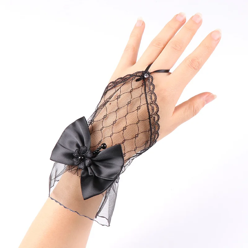 Gloves Bridal Wedding Dress Short Tulle Lolita Fingerless Black Lace Trim Bow Women Elegant Lightweight Breathable Party