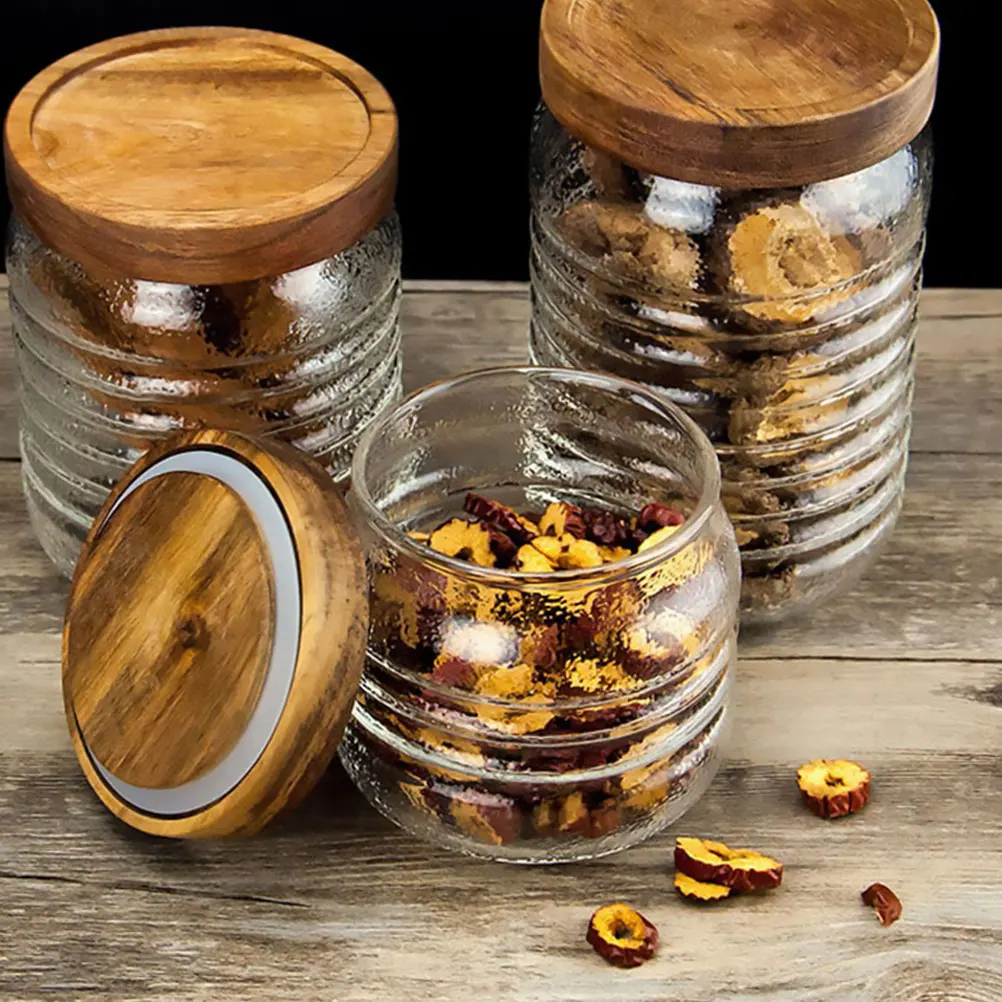 

Glass Jar Wooden Cover Food Storage Containers Sealed Canisters Tea Bamboo with Lids