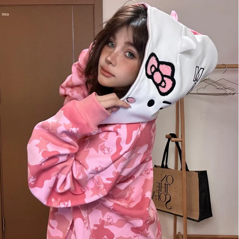 Sanrio Hello Kitty Hoodie Coat Y2k Cartoon Camouflage Zipper Hoodied Loose Casual Hoodies Outwear Streetwear Women Hip Hop Coat