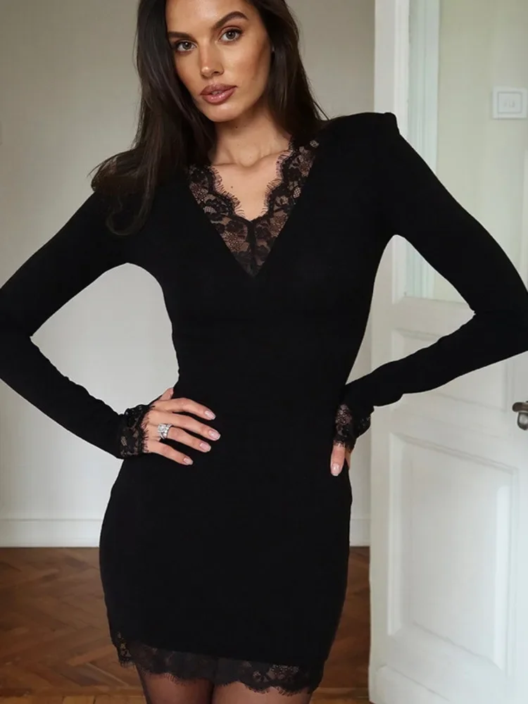

Lace V Neck Long Sleeve Sexy Mini Dress Women Gown Elegant Black Patchwork Bodycon Club Party Dresses Female Clubwear