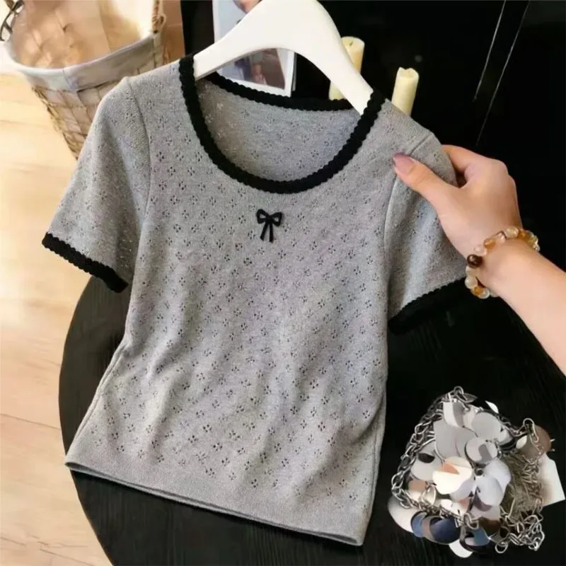

Knitted Sweater Women Pullovers Fashion Short Sleeve Hollow Out Knit Sweater Pullover Women Tops Summer O-Neck Knitwears Q4238