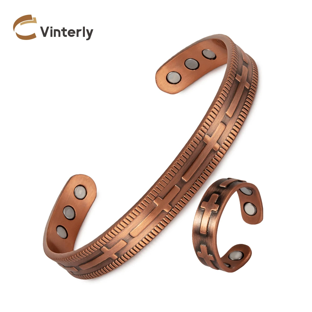 Magnetic Pure Copper Jewelry-Set Vintage Cross Adjustable Bracelets Rings Resizable Health Arthritis Jewelry Set for Women Men