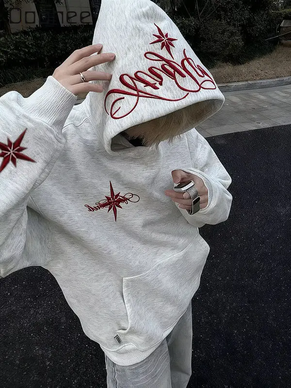 Autumn Winter American High Street Men's North Star Embroidered Gray Hooded Sweatshirt Couple Loose Casual Velvet Gray Hoodie