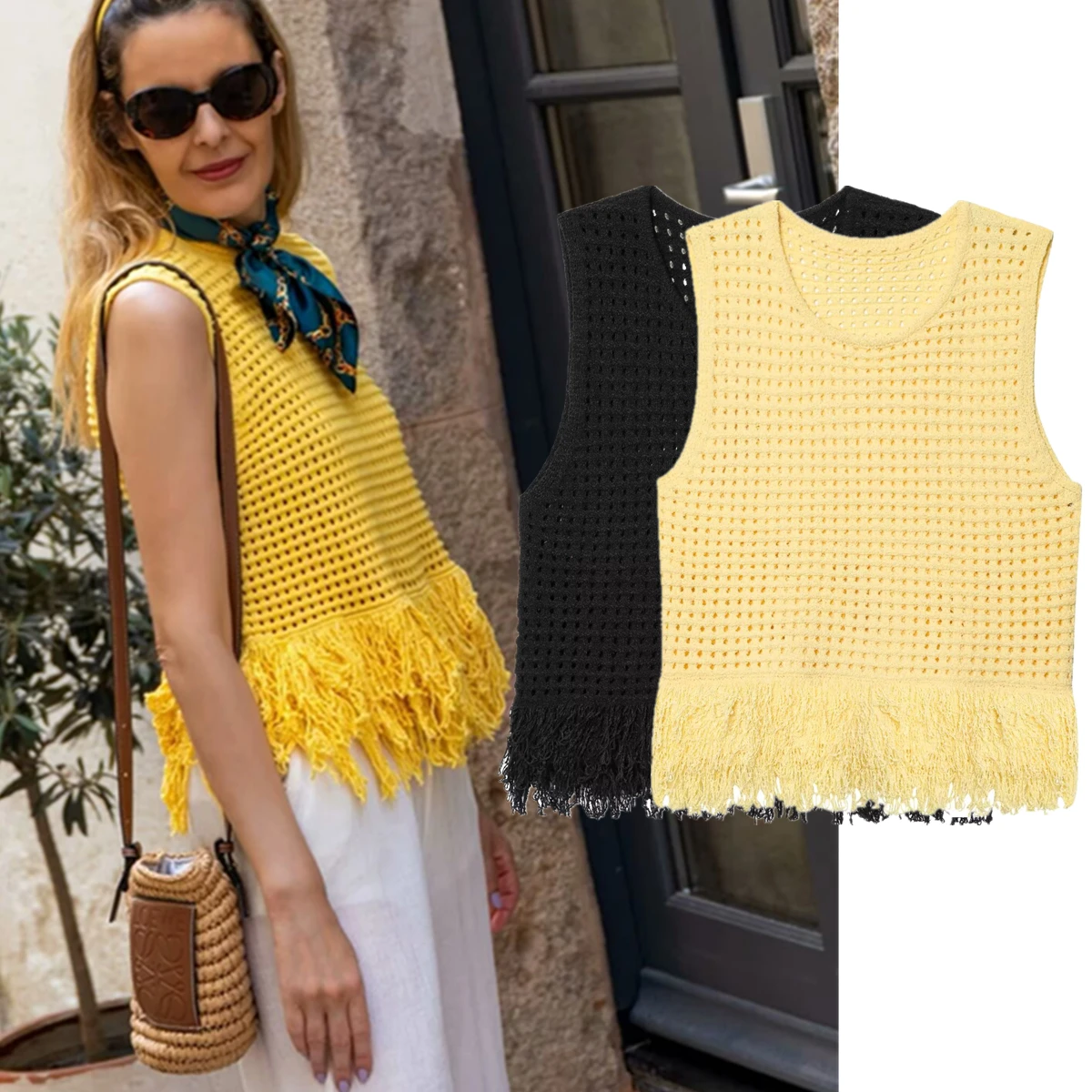 

Maxdutti Minimalist Solid Color Knitted Tassel T-shirt French Lazy Elegant Crochet Hollow Sleeveless Tank Top For Women