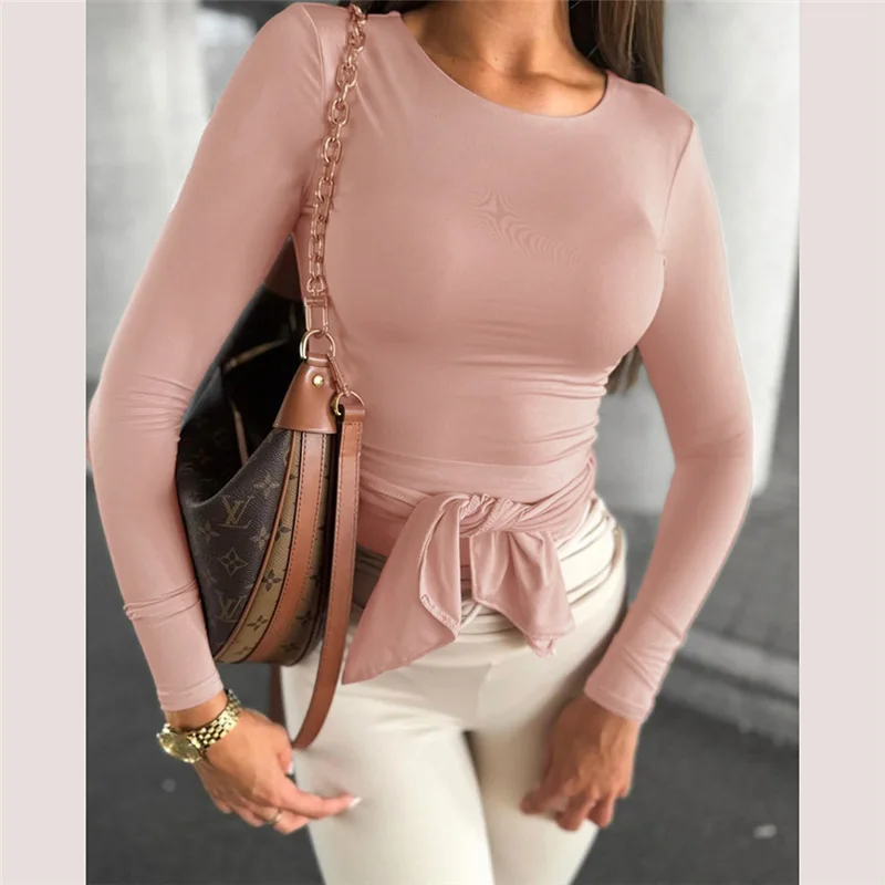 Amazon 2024 ฤดูหนาวใหม่ผู้หญิงสีทึบรอบคอCOMMUTERสไตล์อเนกประสงค์แน่นและSlimเสื้อแขนยาว