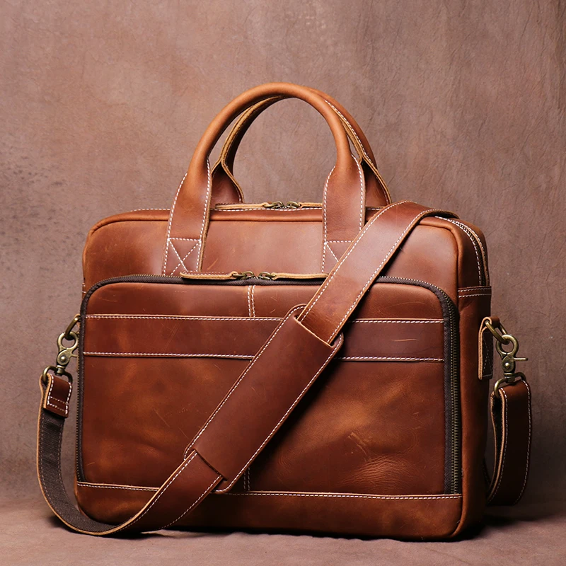 

Genuine Leather Handbag Vintage Men's Business Trip Briefcase Shoulder Messenger Bag Cow Leather Computer Bag