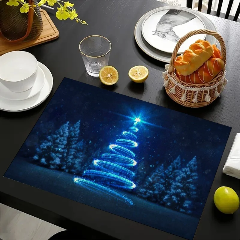 Glowing Blue Christmas Tree Print Linen Placemats, Night Snow Forest Scenery Pattern Table for XmasKitchen Dining Table