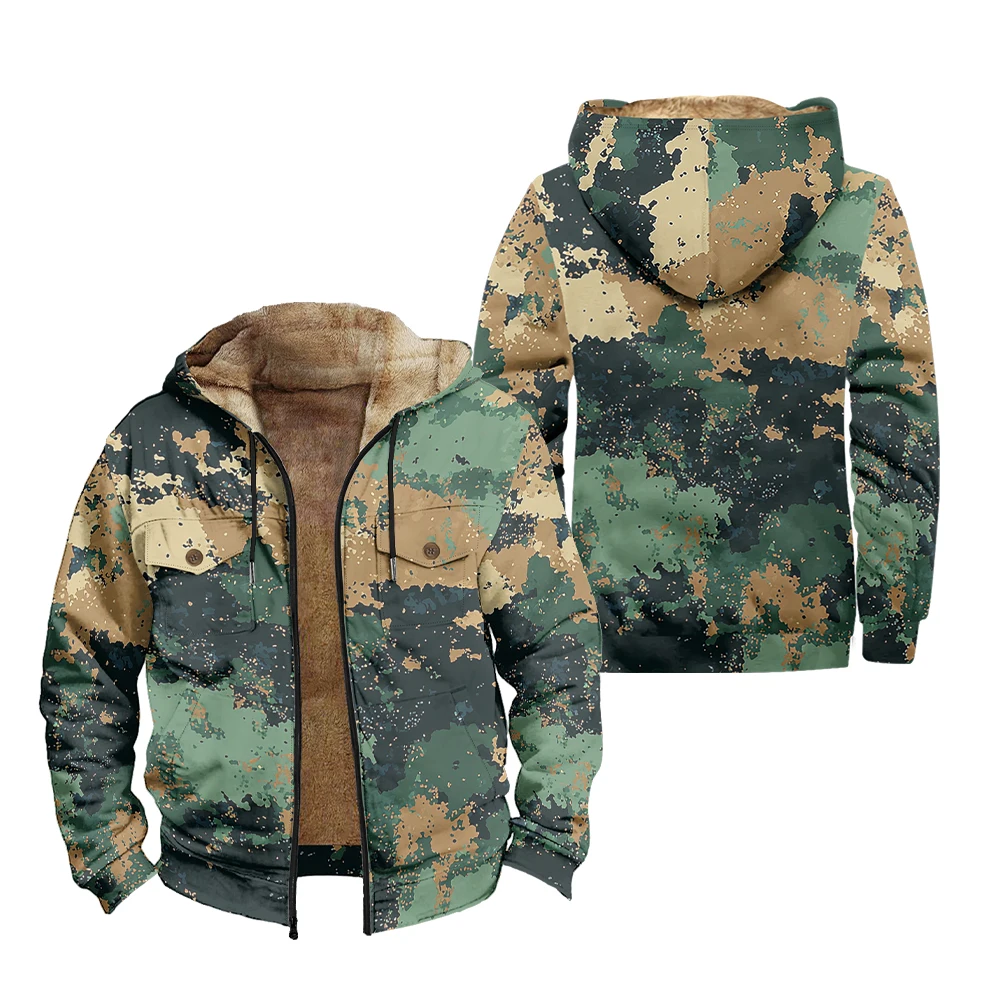 Forest Wilderness Tactical Camo Men Winter Hooded Parka Coats Jackets Print Zip-Front Pocket Hunting Farmer Streetwear Outerwear