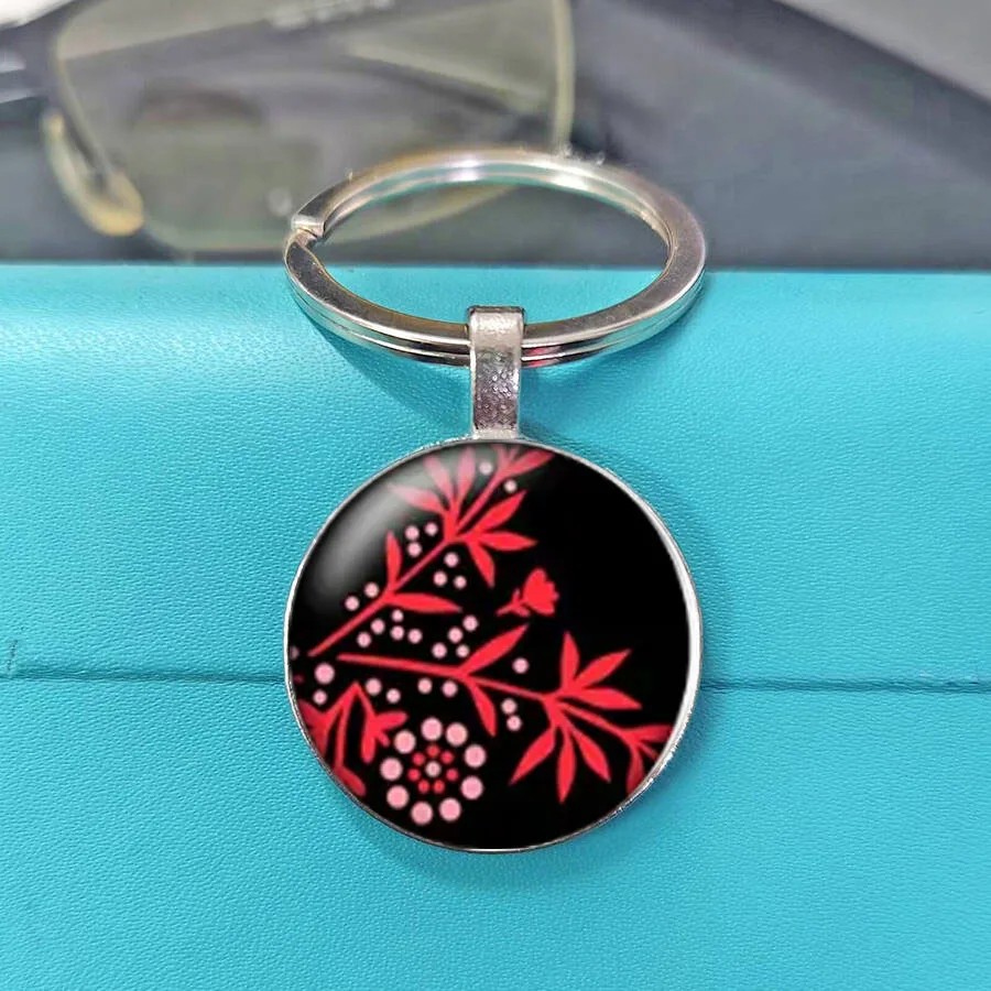 Hot Sale Black Base Vibrant Floral Glass Keychain, Soft Pastel Pink Purple Ditsy Floral Gloss Dome Decorative Key Accessory