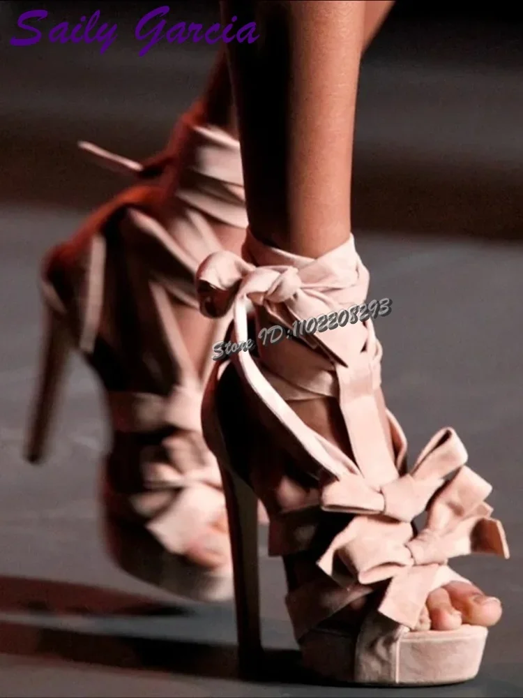 Suede Multi Bow Platform High Heel Sandals Peep Toe Ankle Wrap Strappy Stiletto Heels 2026 Summer New Women Lace-up Dress Shoes