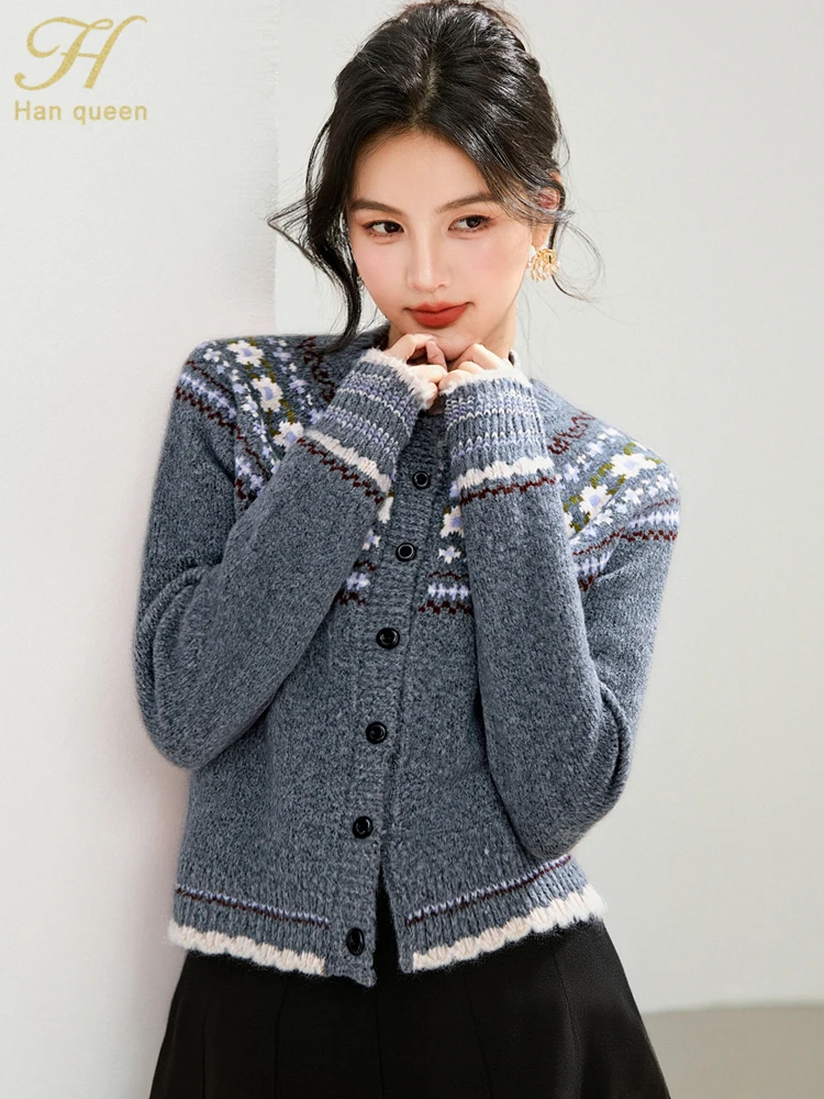 

H Han Queen Autumn Winter Printing Single-Breasted Cardigan Sweater For Womens Fashion Long Sleeve Tops Knitwear Woman Clothing