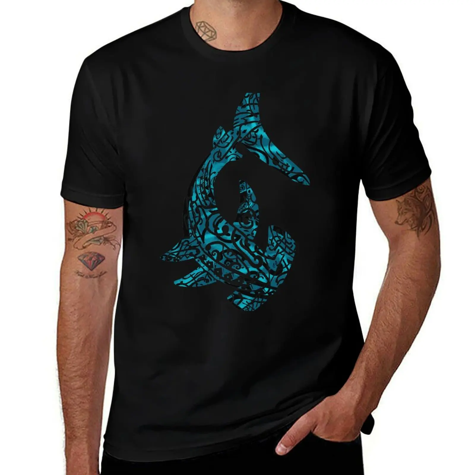 Water-shimmer Hammerhead Tribal Shark T-Shirt vintage summer top new edition men graphic t shirts