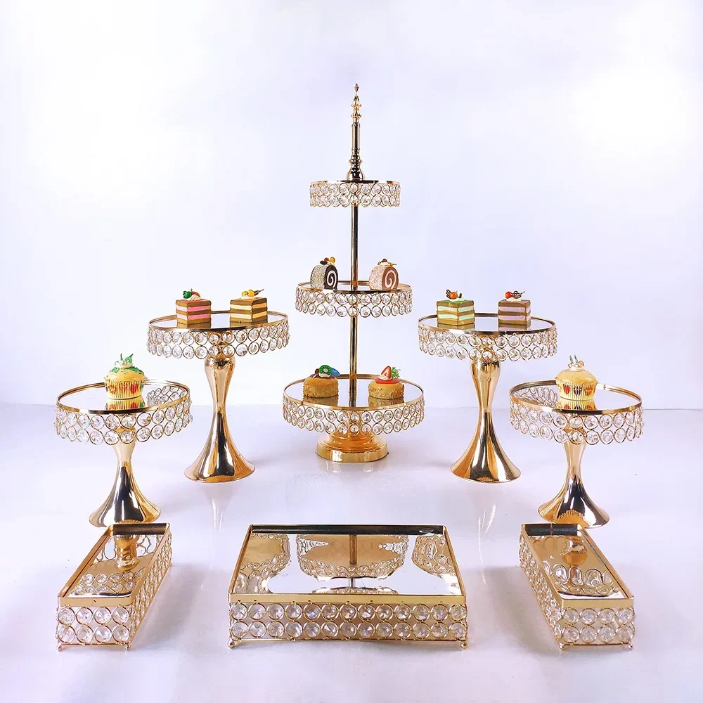 

3 to 16 pcs Crystal Round Candy Cupcake Cake Stand Decorations Set, Party Wedding Props Gold Silver Dessert Tray Centerpiece