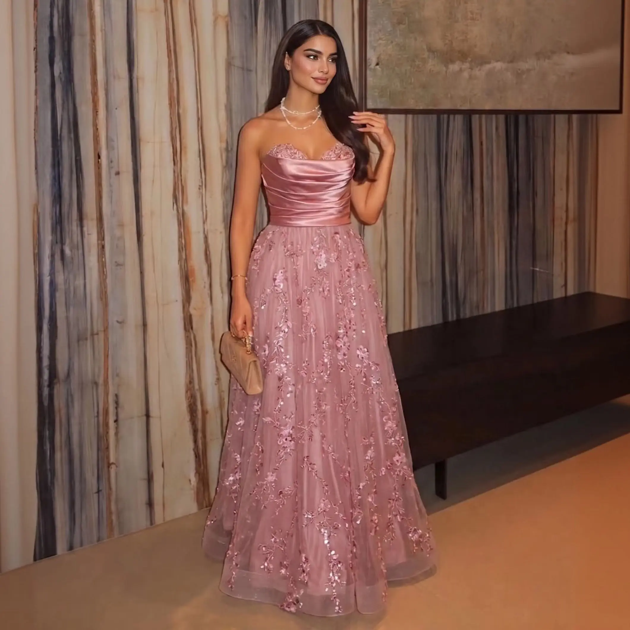 Sharon Said Elegant Pink A Line Prom Dress Strapless 3D Flowers Sequined Women Special Occasion Party Gowns SH171 Customized