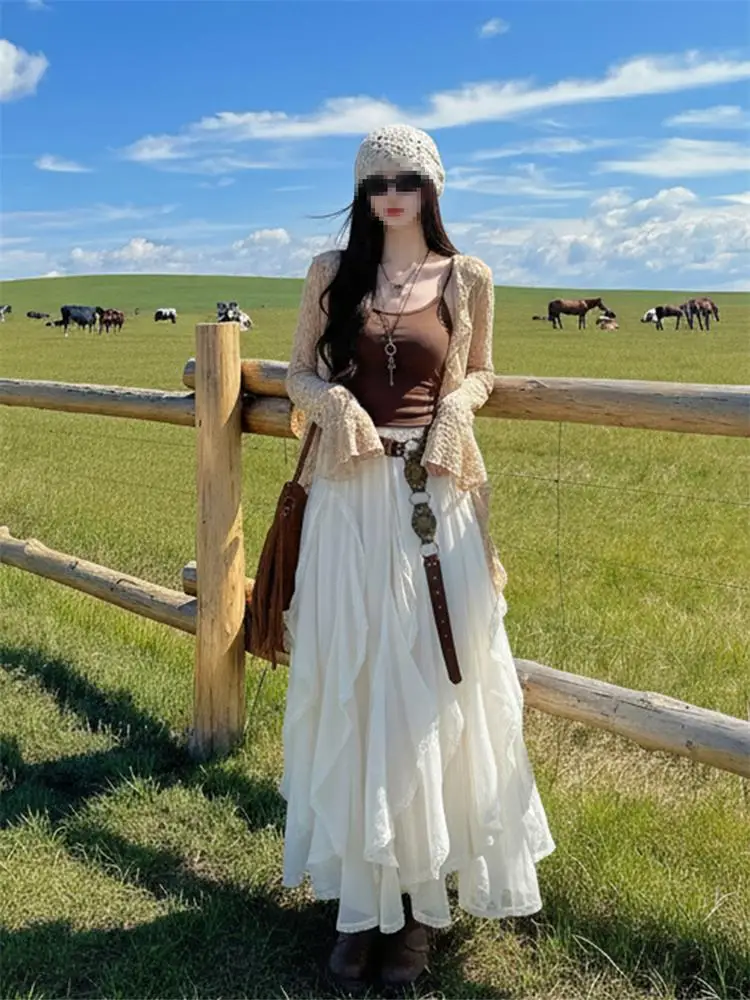 Bohemian Style Tourist Dress Women's Summer Beautiful  Skirt Set Grassland Scenery High Waist A-Line Skirt Casual Wear