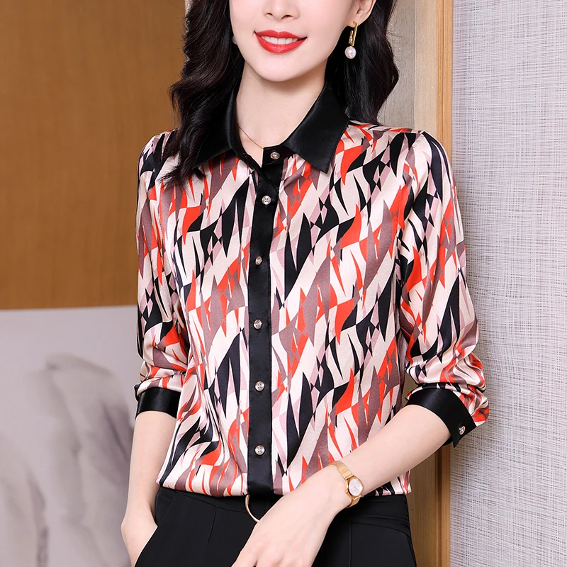 

Элегантные модные рубашки и блузки для женщин 2026: Весенне-осенние повседневные женские рубашки с длинным рукавом, принтованные, из натурального шелка, топы