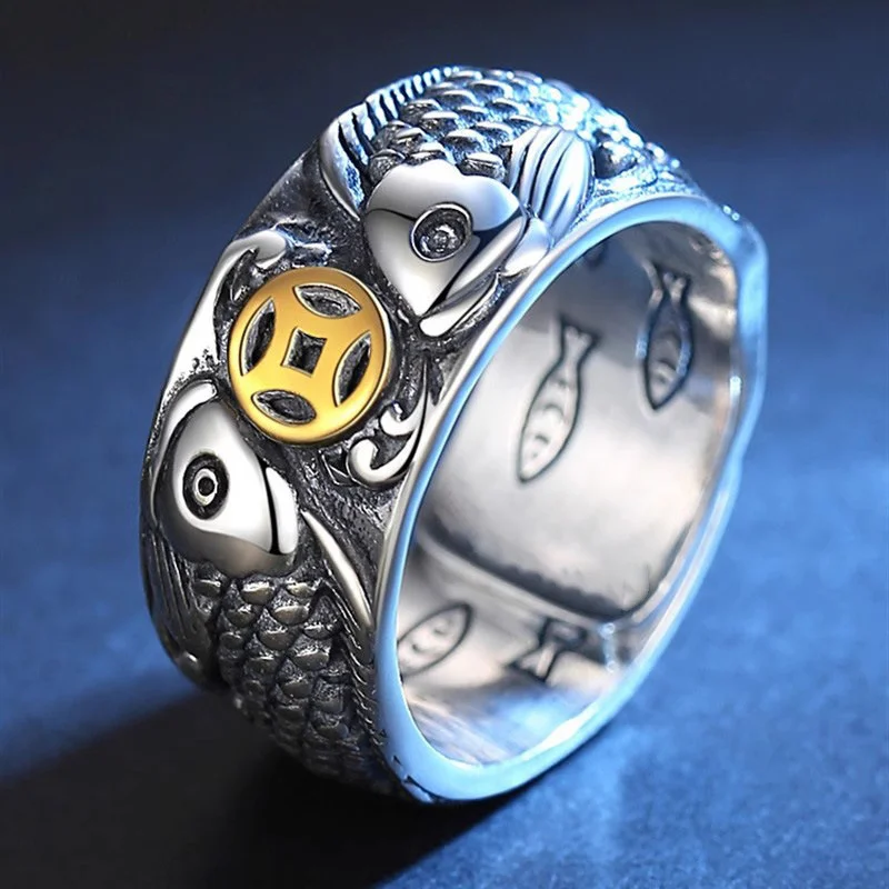 Vintage Coin Double Fish Ring Men Jewelry Fashion Personalized Wide Index Finger Ring Male 925 Silver Lucky Party Accessories