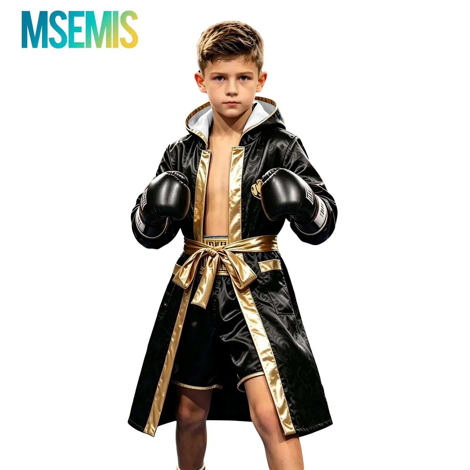 Kids Boys Boxing Robe Costume, Children Hooded Boxing Robe Gold Trim Belt Boxer Bathrobe for Halloween Party Cosplay Stage Show