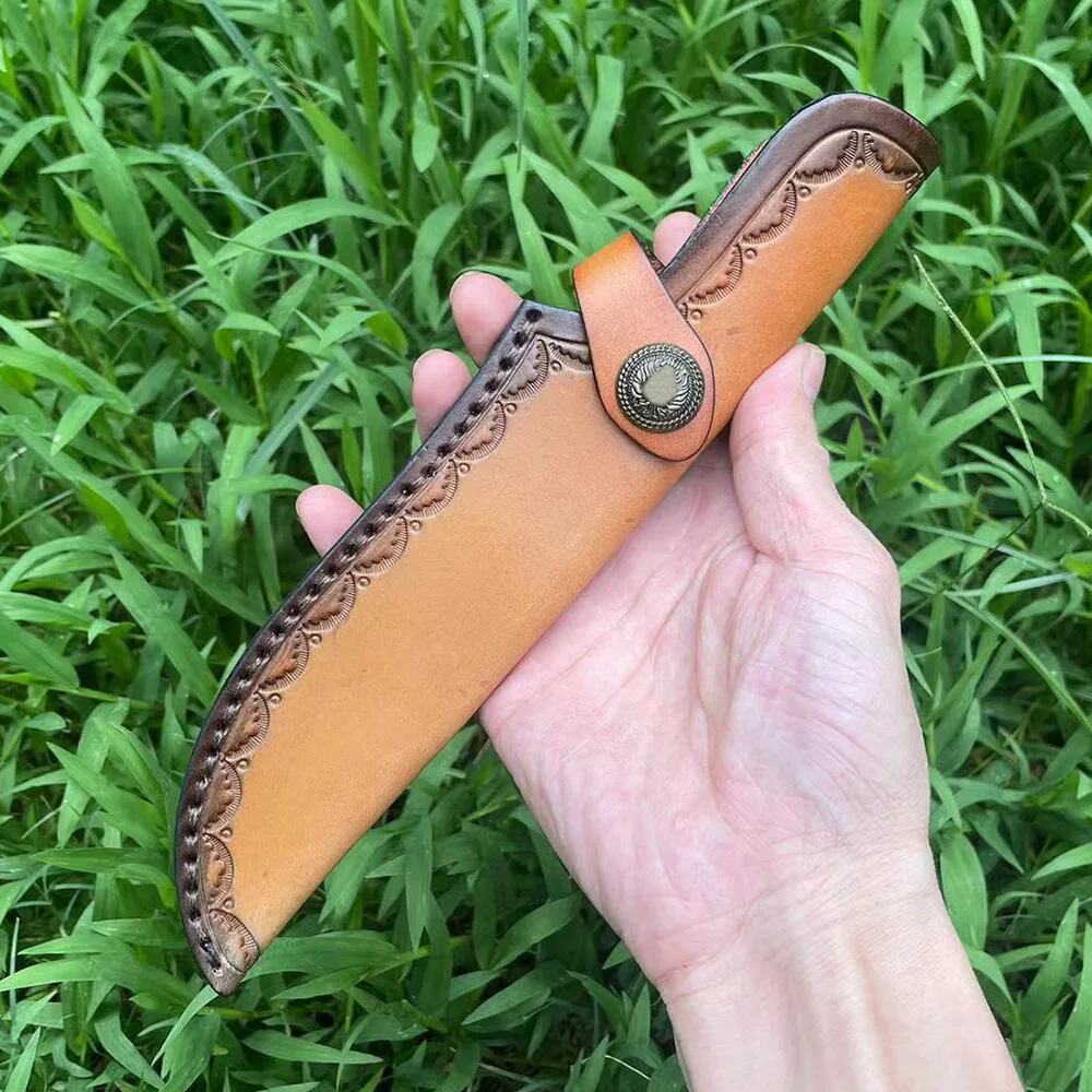 23cm Fixed Blade Knife Scabbard Embossed Cowhide Top Grain Leather Camping Knife Case Hunting Holsters with Belt Buckle