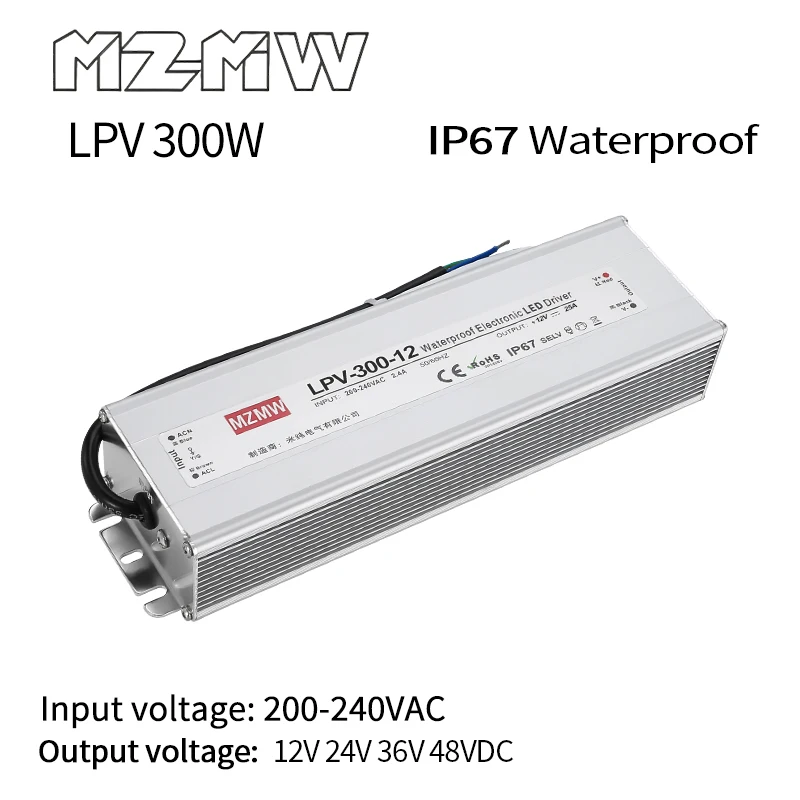 LPV Series IP67 Waterproof Switching Power Supply 200-240VAC AC To DC 300W 12V 24V 36V 48VDC CCTV Industrial Adapter