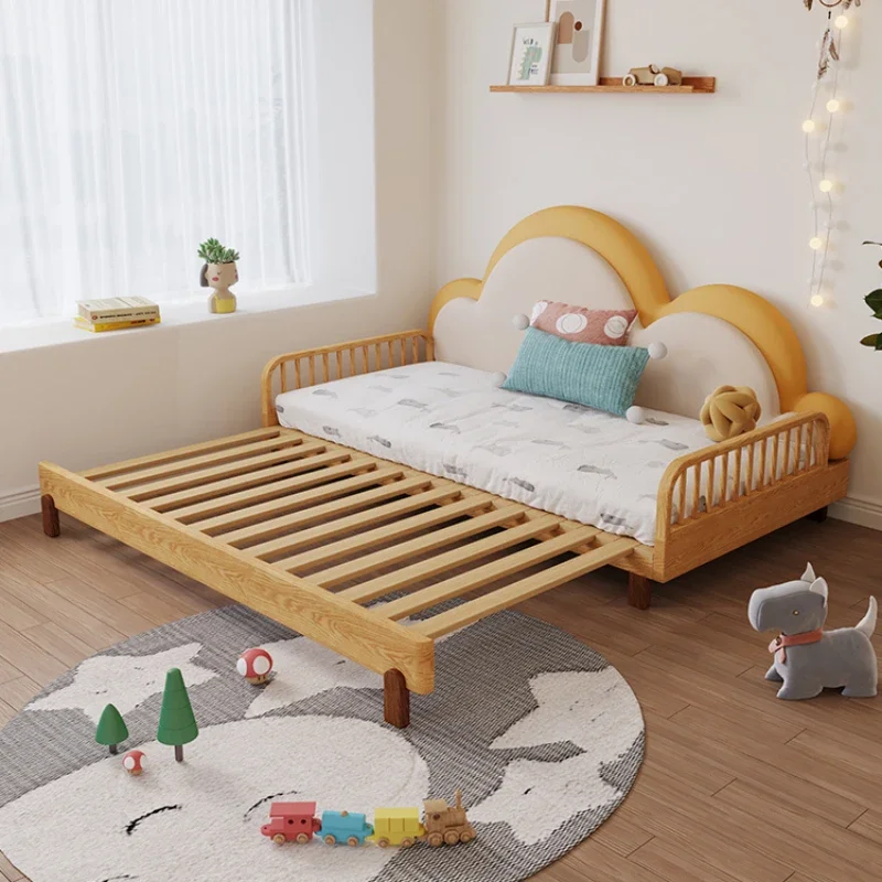 Children's bed cloud bed solid wood with guardrail splicing telescopic push-pull widening bed