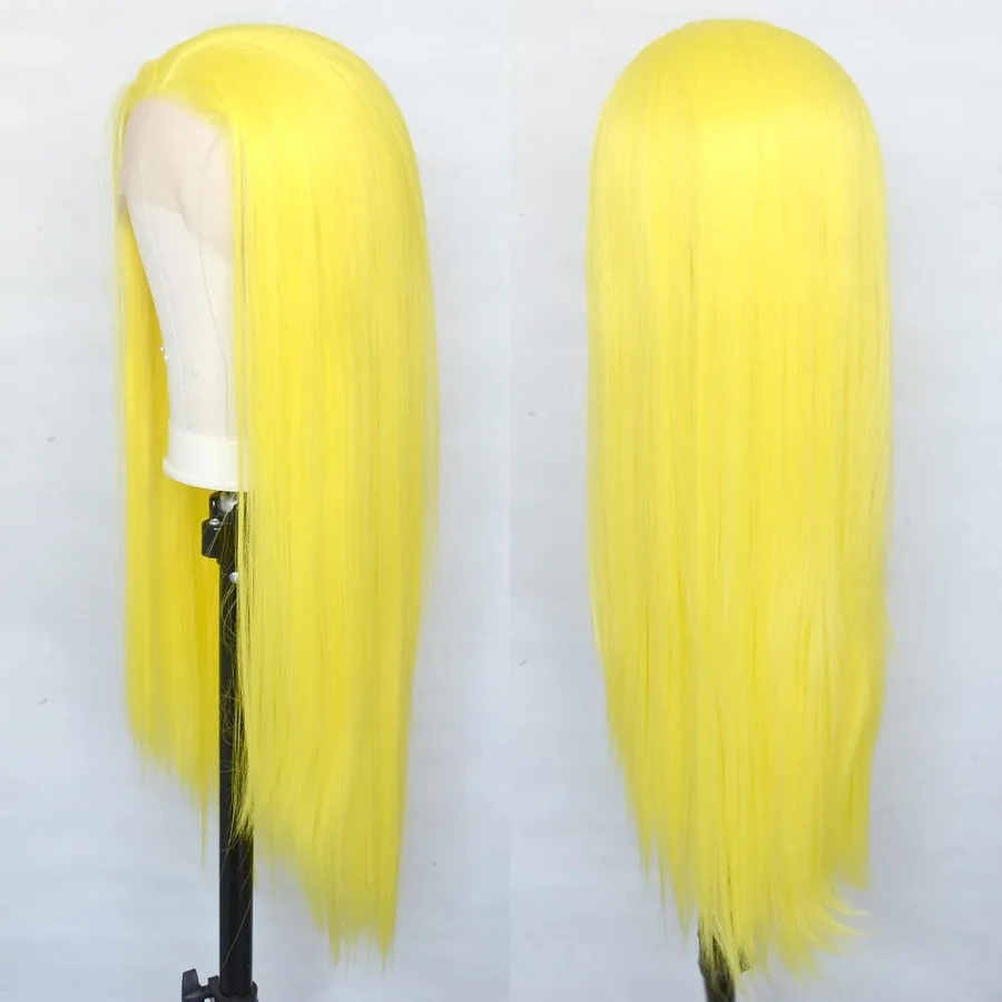الليمون الأصفر الدانتيل الجبهة الباروكات الاصطناعية حريري مستقيم مثير الأصفر اليد تعادل استبدال الباروكات مقاومة للحرارة للحزب تأثيري D #3