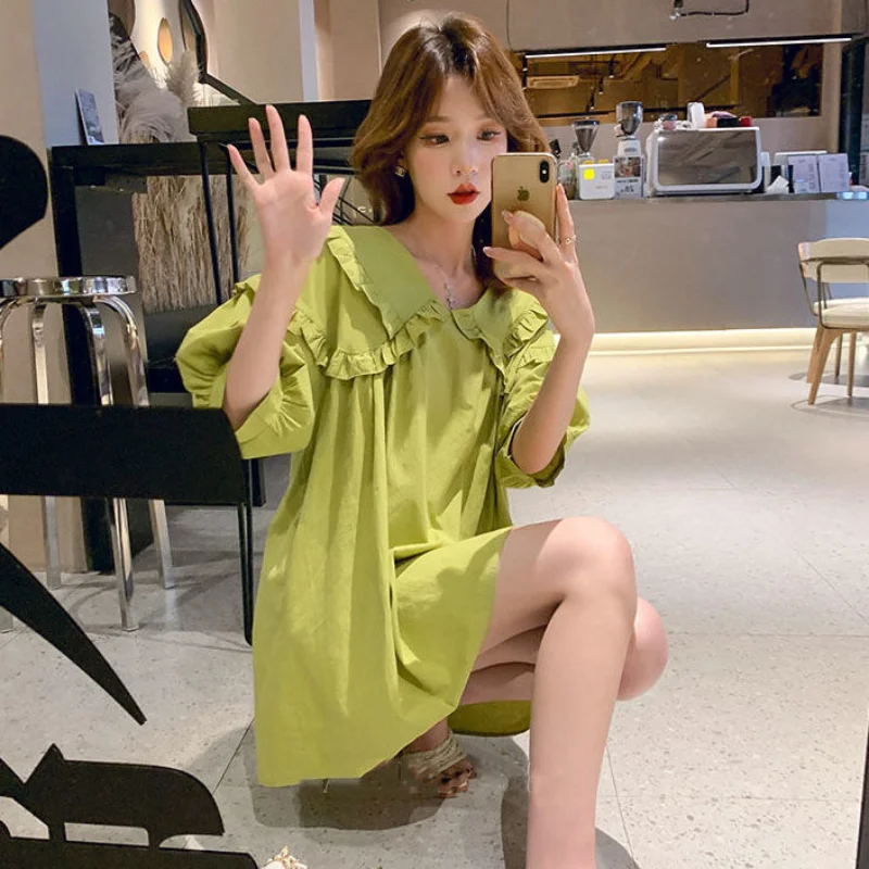 Summer New V-neck Green Dress Women's Korean Version of Ins Loose Small Fresh and Age-reducing Baby Dress Woman Dress