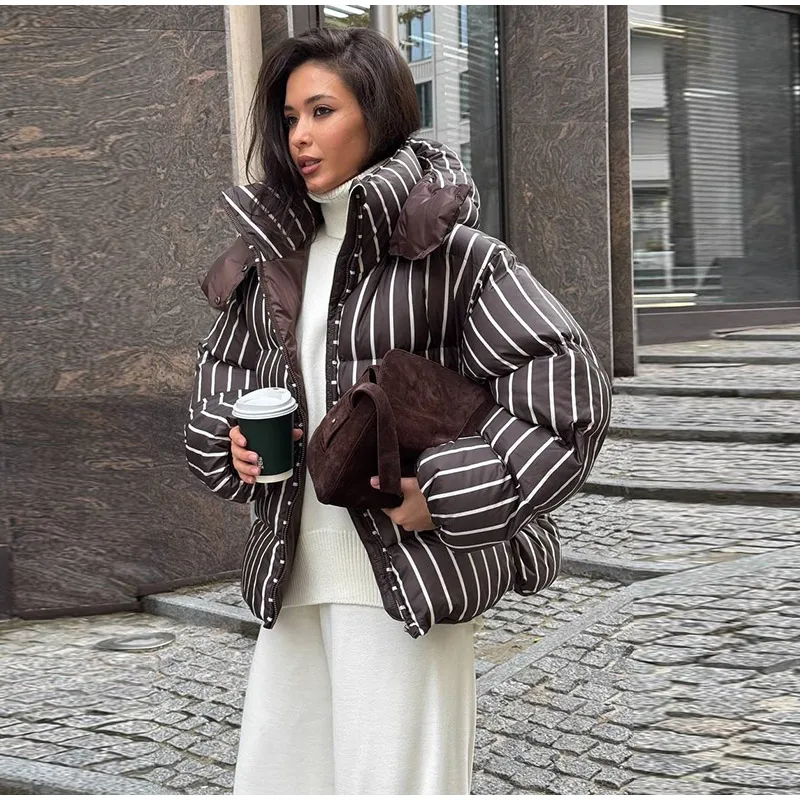 2026 Winter Autumn Stripe Cotton Padded Jacket For Women Warm Long Sleeve Zipper Hooded Coats Lady Street Chic Outdoor Outerwear