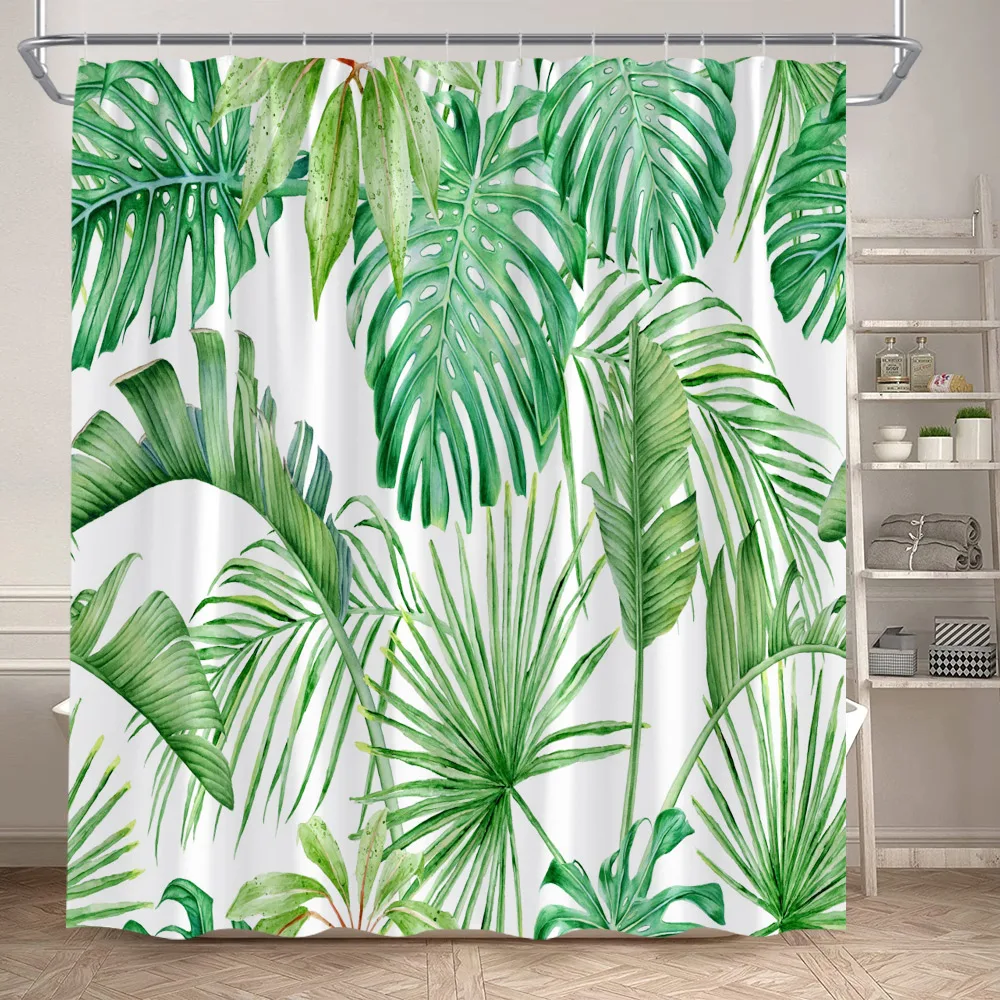 Tropical Leaves Shower Curtains Watercolour Green Palm Leaf Monstera Bath Curtain Black Polyester Home Bathroom Decor with Hooks